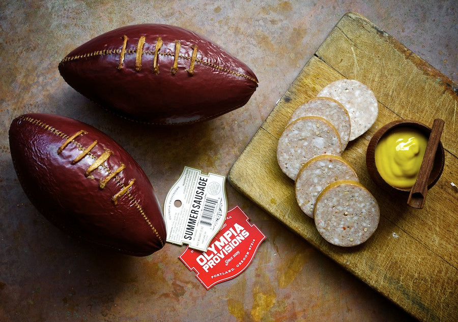 football shaped sausage. perfect Superbowl Sunday snack from Olympia Provisions