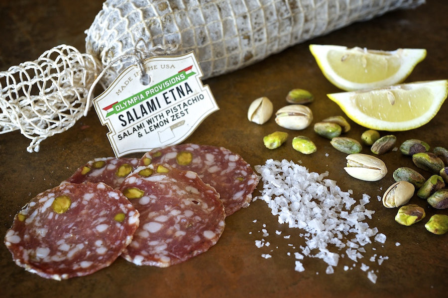 salami with lemon zest, pistachios and salt
