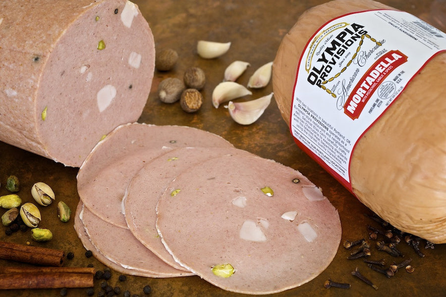 mortadella with pistachios, garlic and spices