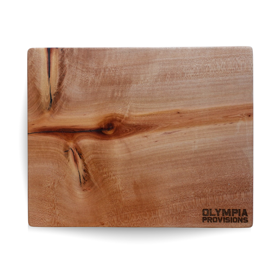 Wooden serving/cutting board with OP logo burned in bottom right corner