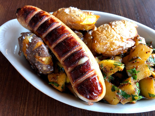 grilled knackwurst with mustard-glazed apples and potatoes