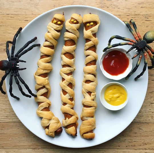 Halloweenies- Olympia Provisions Frankfurters wrapped in dough to look like mummies for Halloween