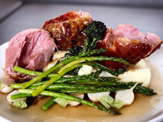 braised sweetheart ham with spring vegetables