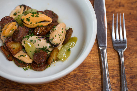 Recipe | Marinated Mussels with Chorizo, Celery, & Crispy Potato