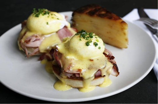 eggs benedict made with Olympia Provisions sweetheart ham