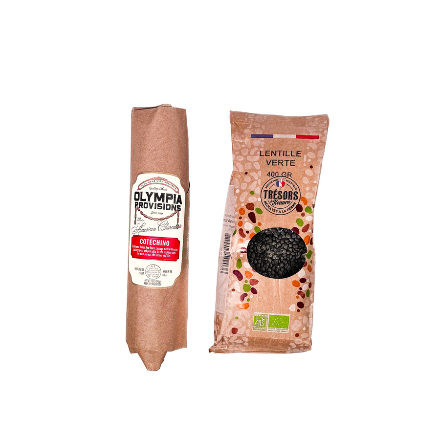 Cotechino & Lentils on white background