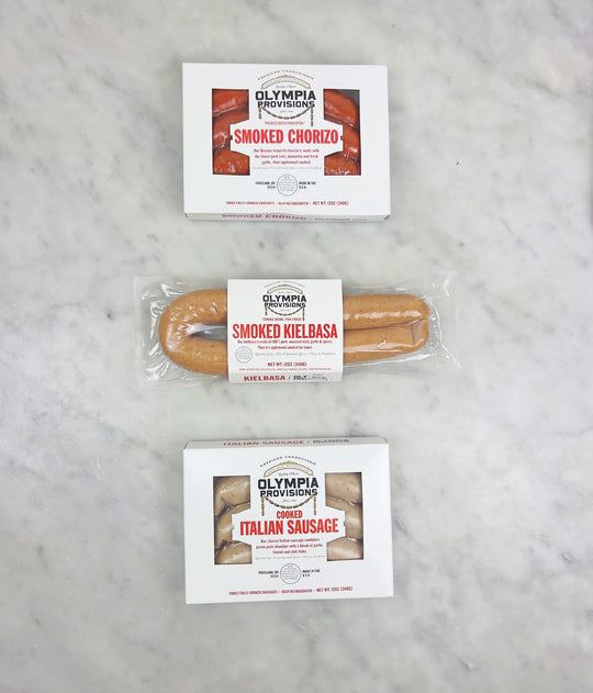 olympia proisions smoked chorizo and smoked kielbasa as well as itlian sausage