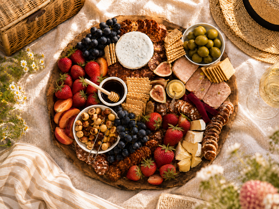 A beautifully arranged charcuterie board styled for a picnic, featuring an assortment of cheeses, crackers, sliced meats, fresh fruits like strawberries, blueberries, and figs, nuts, and olives on a round wooden board, set on a beige linen cloth with a wicker basket and straw hat nearby.