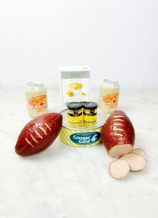 2 Summer sauage footbals, Cougar Gold, 2 Beer Coozies, and Crackers