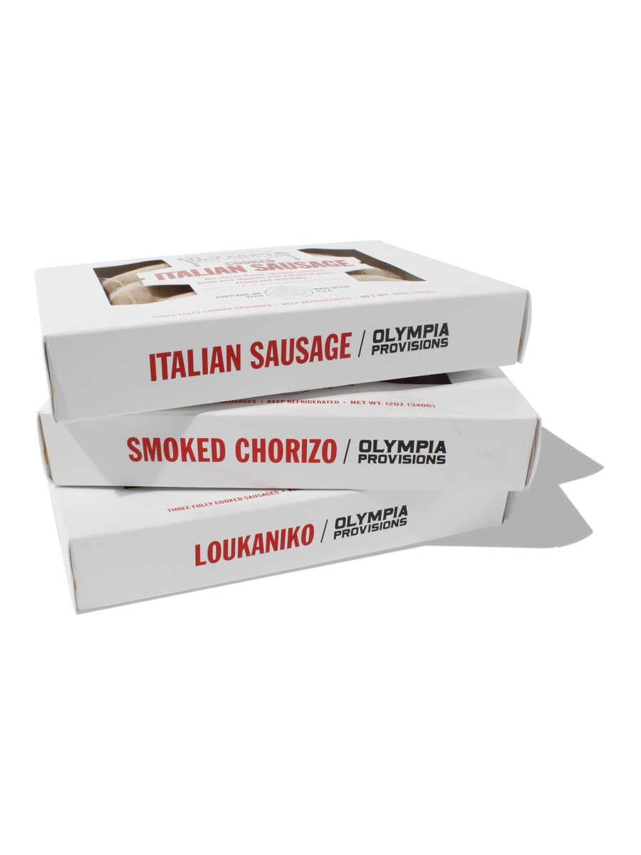 Olympia Provisions sausage pack with Italian, Smoked Chorizo and Loukaniko