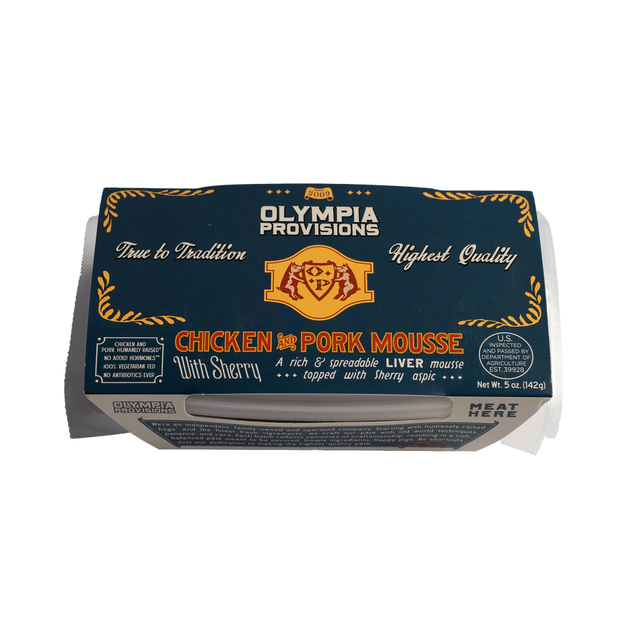 Olympia Provisions Chicken and Pork Mousse with liver and sherry, in blue packaging.