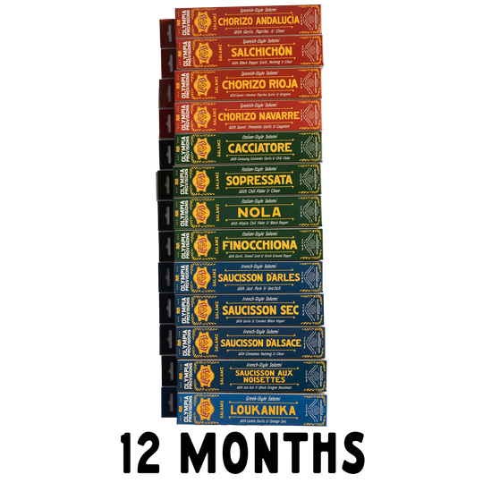 Vertical stack of 12 varied French, Spanish, Italian, and Greek Olympia Provisions Salami with the words "12 Months" at the bottom.