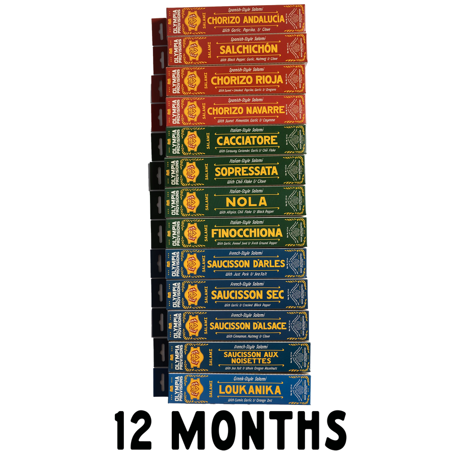 Vertical stack of 12 varied French, Spanish, Italian, and Greek Olympia Provisions Salami with the words "12 Months" at the bottom.