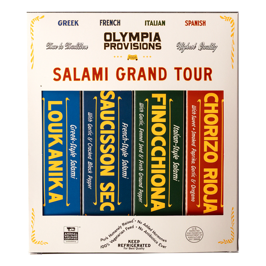 Four Olympia Provisions European-inspired salamis in boxes, packed in a cream box labelled "Salami Grand Tour"