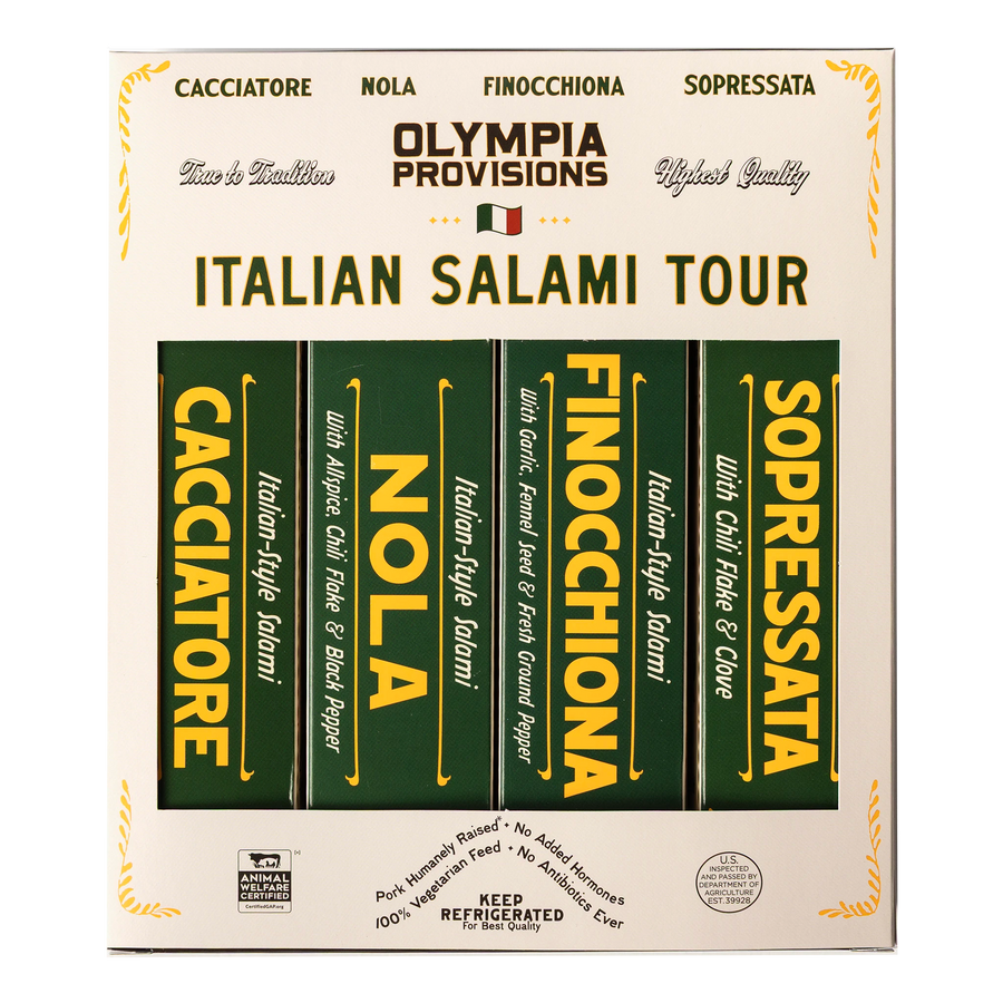 Four Olympia Provisions Italian-inspired salamis in green boxes, packed in a cream box labelled "Italian Salami Tour"