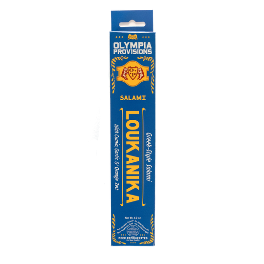 Olympia Provisions Loukanika with cumin, garlic, and orange zest, packaged in a light blue box.