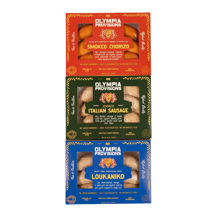Olympia Provisions Smoked Chorizo sausage, Italian Sausage, and Loukaniko Sausage.