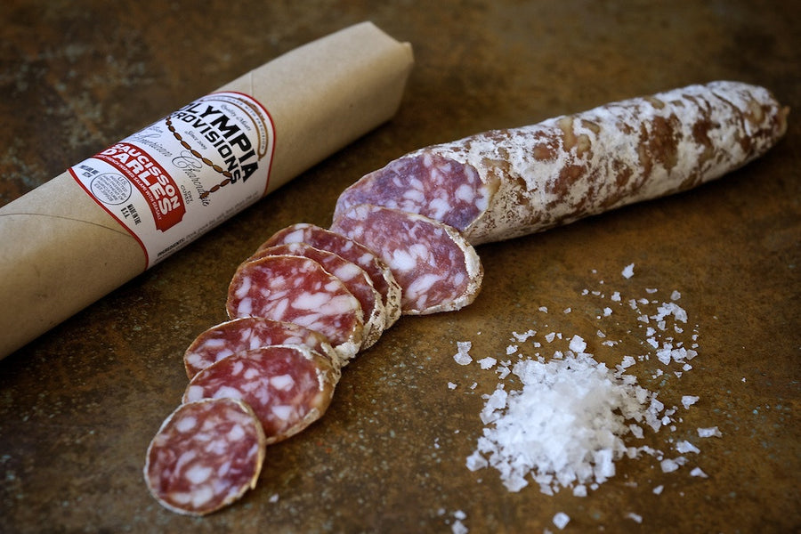 Olympia Provisions Saucission D'Arles cured sausage sliced up