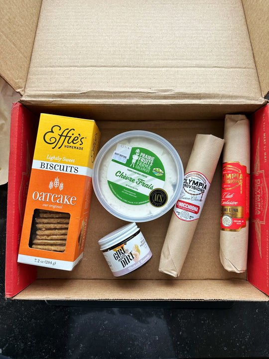 spring charcuterie box contents salami, cheese, jam and crackers