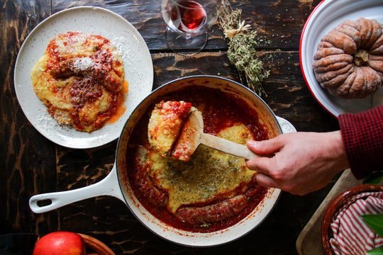 Pecorino Parsley Sausage with Polenta and Tomato Sauce