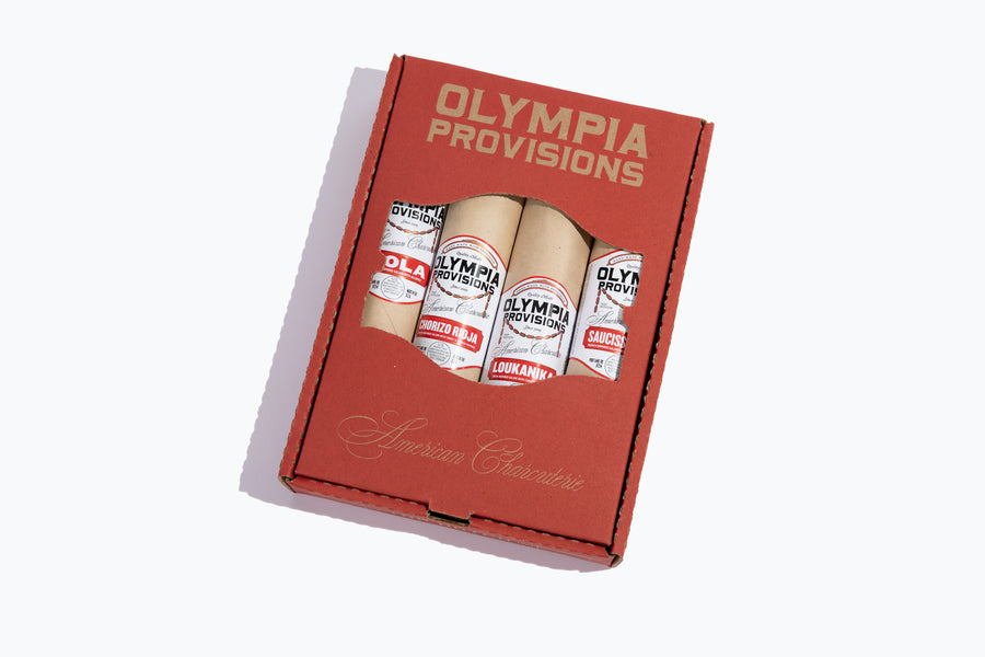 Olympia Provisions European salami sampler in a red branded box (4 salamis total)